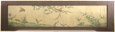A large Chinese framed scroll painting with birds and flowers, 18th C.