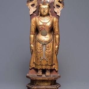A large Chinese gilt and painted wood figure of Buddha, 19th C. — 照片 1