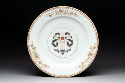 A large Chinese gilt-decorated armorial dish with the arms of Harmannus Laurents Discher for the Batavian market, Qianlong, dated 1749