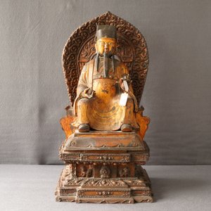 A large Chinese gilt-laquered and inlaid bronze figure of Zhenwu on gilt wooden base, Ming — 照片 9