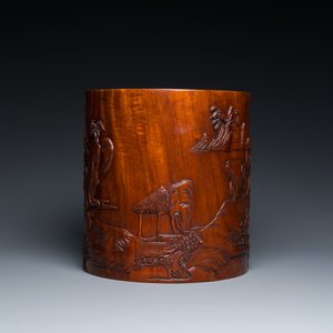 A large Chinese huali wood brush pot with scholars in a landscape, 20th C. — photo 3