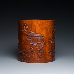 A large Chinese huali wood brush pot with scholars in a landscape, 20th C. — photo 5