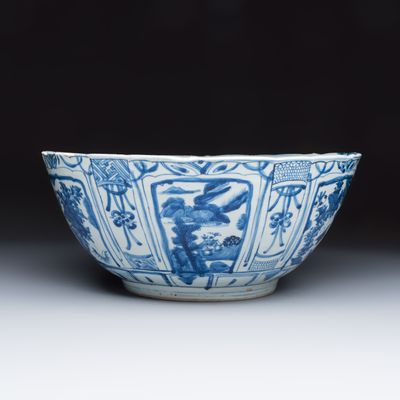 A large Chinese 'Kraak' blue and white 'Mountainous Landscape' bowl, Wanli