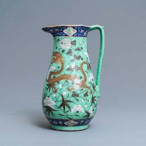 A large Chinese lime green-ground famille rose ewer and basin with dragons, 19th C. — photo 7