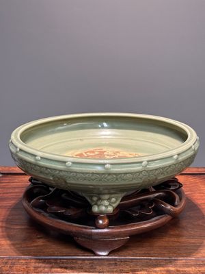 A large Chinese Longquan celadon 'trigrams' censer on wooden stand, Ming — photo 5