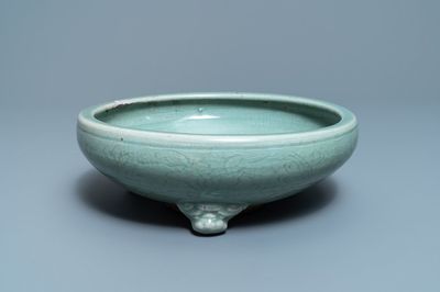 A large Chinese Longquan celadon tripod incense burner, Ming