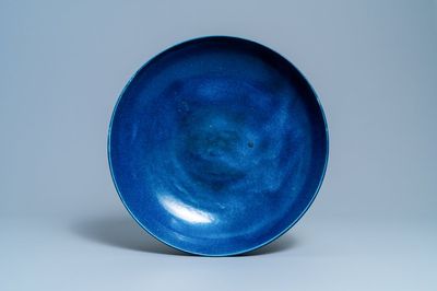 A large Chinese monochrome blue dish, Yongzheng