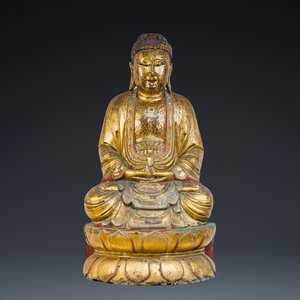 A large Chinese or Vietnamese polychromed and glit wooden Buddha, 19th C. — 照片 1