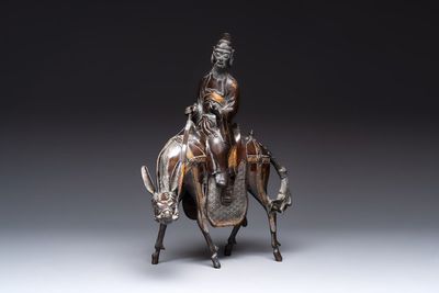 A large Chinese partly gilt bronze censer and cover in the form of Du Fu, 18th C.
