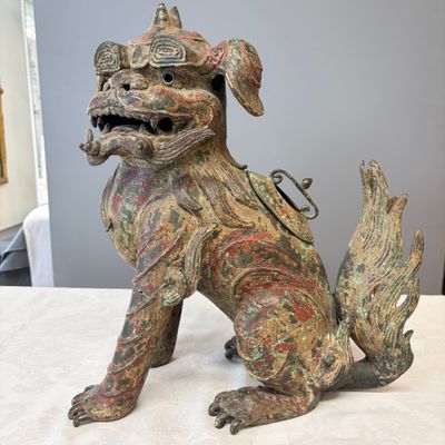A large Chinese polychromed bronze Buddhist lion-form incense burner — 照片 8