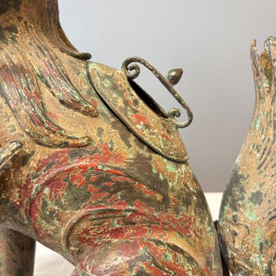 A large Chinese polychromed bronze Buddhist lion-form incense burner — 照片 12