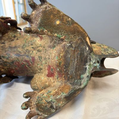 A large Chinese polychromed bronze Buddhist lion-form incense burner — 照片 26