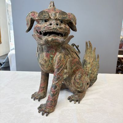 A large Chinese polychromed bronze Buddhist lion-form incense burner — 照片 1