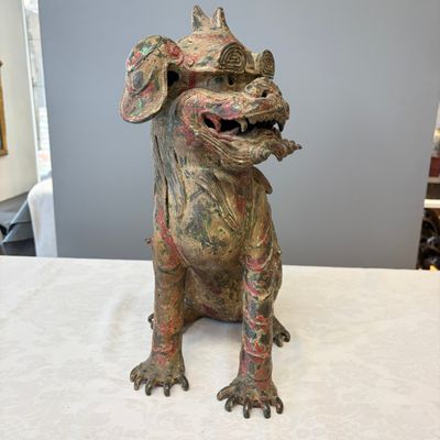 A large Chinese polychromed bronze Buddhist lion-form incense burner — 照片 2
