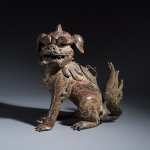 A large Chinese polychromed bronze Buddhist lion-form incense burner — 照片 2
