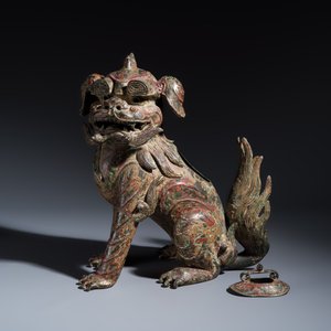 A large Chinese polychromed bronze Buddhist lion-form incense burner — 照片 3