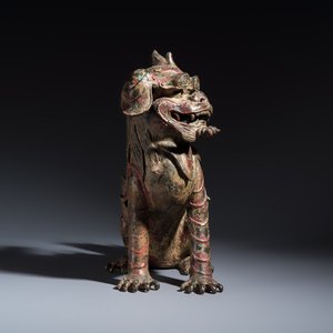 A large Chinese polychromed bronze Buddhist lion-form incense burner — 照片 6