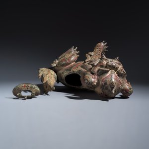 A large Chinese polychromed bronze Buddhist lion-form incense burner — 照片 7
