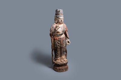 A large Chinese polychromed wooden figure of Guanyin, Qing/Republic