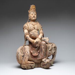 A large Chinese polychromed wooden Guanyin seated on an elephant, Republic — 照片 2