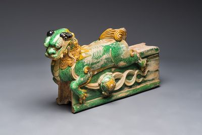 A large Chinese sancai-glazed pottery 'Buddhist Lion' roof tile, Ming