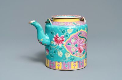 A large Chinese turquoise-ground famille rose teapot for the Straits or Peranakan market, 19th C.