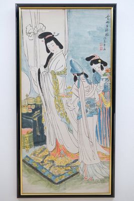 A large Chinese watercolor of a beauty with her servants, 20th C.