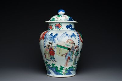 A large Chinese wucai 'Guo Ziyi's birthday' vase and cover, Transitional period