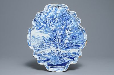 A large Dutch Delft blue and white 'Abraham's sacrifice' plaque, 18th C.