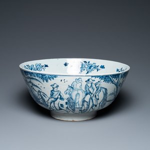 A large Dutch Delft blue and white bowl with shepherds on horsebacks, 18th C. — 照片 1
