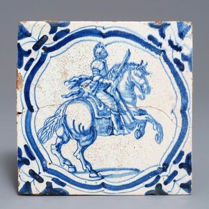 A large Dutch Delft blue and white 'horserider' tile made for the French Chateau de Beauregard, ca. 1627 — photo 1