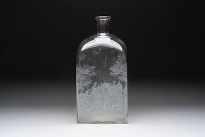 A large engraved glass 'hunting scene' flask, Southern Germany, 18th C.