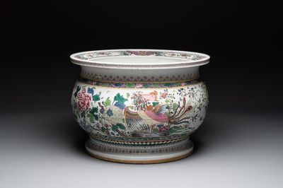 A large famille rose-style 'phoenix' fish bowl or jardinière, Samson, Paris, 19th C.