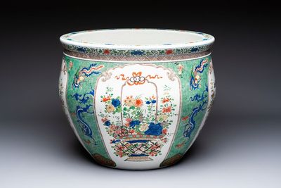 A large famille verte-style 'Flower Basket' scroll pot or fish bowl, Samson, Paris, 19th C.