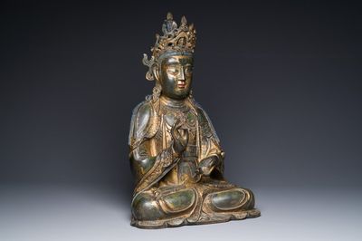 A large fine Chinese gilt-lacquered bronze sculpture of a Bodhisattva, Ming