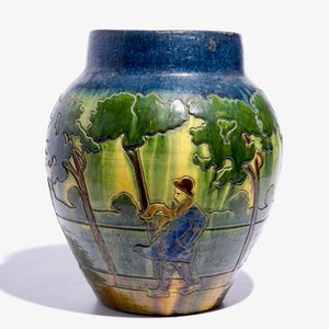 A large Flemish pottery vase with figures below trees, prob. Laigneil, Kortrijk, early 20th C. — photo 3