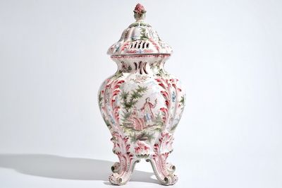 A large French faience reticulated pot pourri vase and cover in the style of Marseille, 19th C.