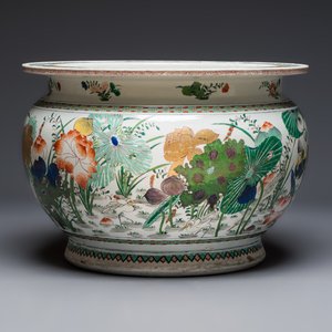 A large French famille verte-style 'Lotus Pond with Birds' fish bowl or jardinière, Samson, Paris, 19th C. — 照片 2