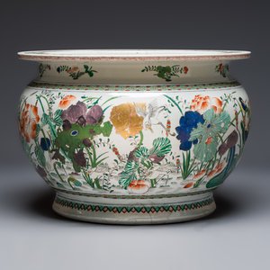 A large French famille verte-style 'Lotus Pond with Birds' fish bowl or jardinière, Samson, Paris, 19th C. — 照片 4
