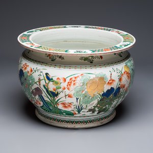 A large French famille verte-style 'Lotus Pond with Birds' fish bowl or jardinière, Samson, Paris, 19th C. — 照片 5