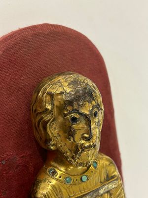 A large inlaid gilt copper applique of Saint Anthony, Limoges, France, 13th C. or later — photo 1