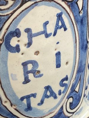 A large Italian blue, white and manganese albarello drug jar inscribed Charitas, probably Savona, dated 1767 — 照片 11