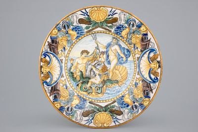 A large Italian maiolica dish with Poseidon and Triton, 20th C.