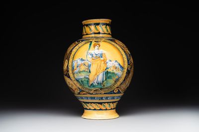 A large Italian maiolica drug jar with trophies, Casteldurante, 2nd half 16th C.
