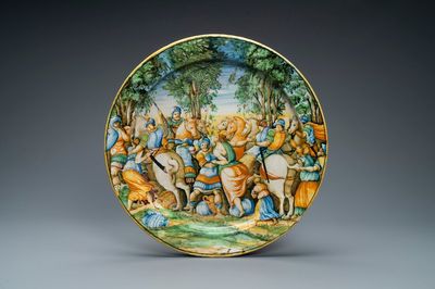 A large Italian maiolica mythological subject 'The Abduction of the Sabine Women' dish, Orazio Fontana workshop, Urbino, mid 16th C.