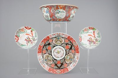 A large Japanese Arita bowl, a large dish and two plates, 19th C.