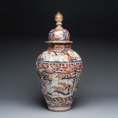 A large Japanese Imari covered vase with landscape design, Edo, 18th C.