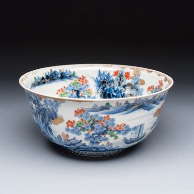 A large Japanese Imari 'Landscape' bowl, Meiji, 19th C.