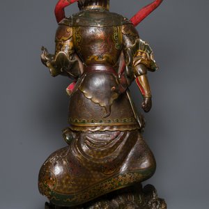 A large Japanese polychromed and gilt-lacquered wood figure of a divine general, Edo, dated 1623 — photo 4