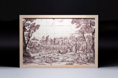 A large manganese Dutch Delft 'Christ on the Mount of Olives' tile mural, 18th C.